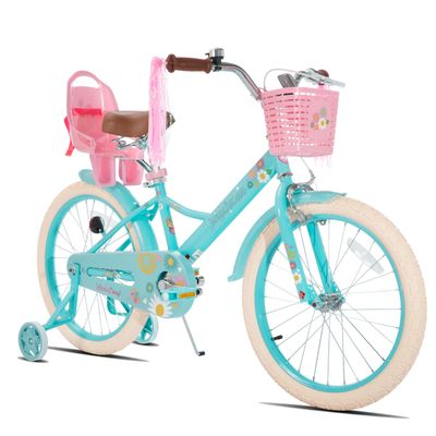 JOYSTAR 20 Inch Girls Bike with Training Wheels Doll Seat Basket & Streamers Princess 20 Kids Bicycle for Ages 7-10 Years Kids Bikes Blue