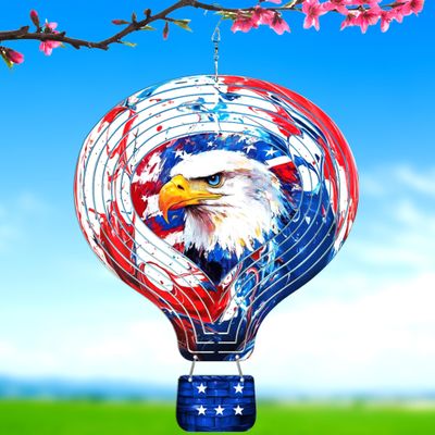 12 Inch 3D Kinetic Metal Bald Eagle Wind Spinner, Hot Air Balloon Design Hanging Sculpture, Indoor Outdoor Garden Yard Patio Decor, Independence Day & Memorial Day