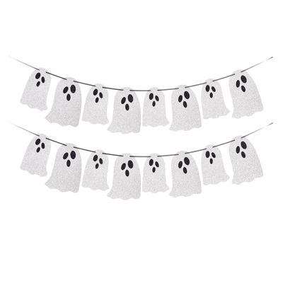 (2 Packs) White Glitter Halloween Hanging Ghost Banner - Ideal for Halloween Party, Indoor & Outdoor Home Decor with Garland and Banner Styles