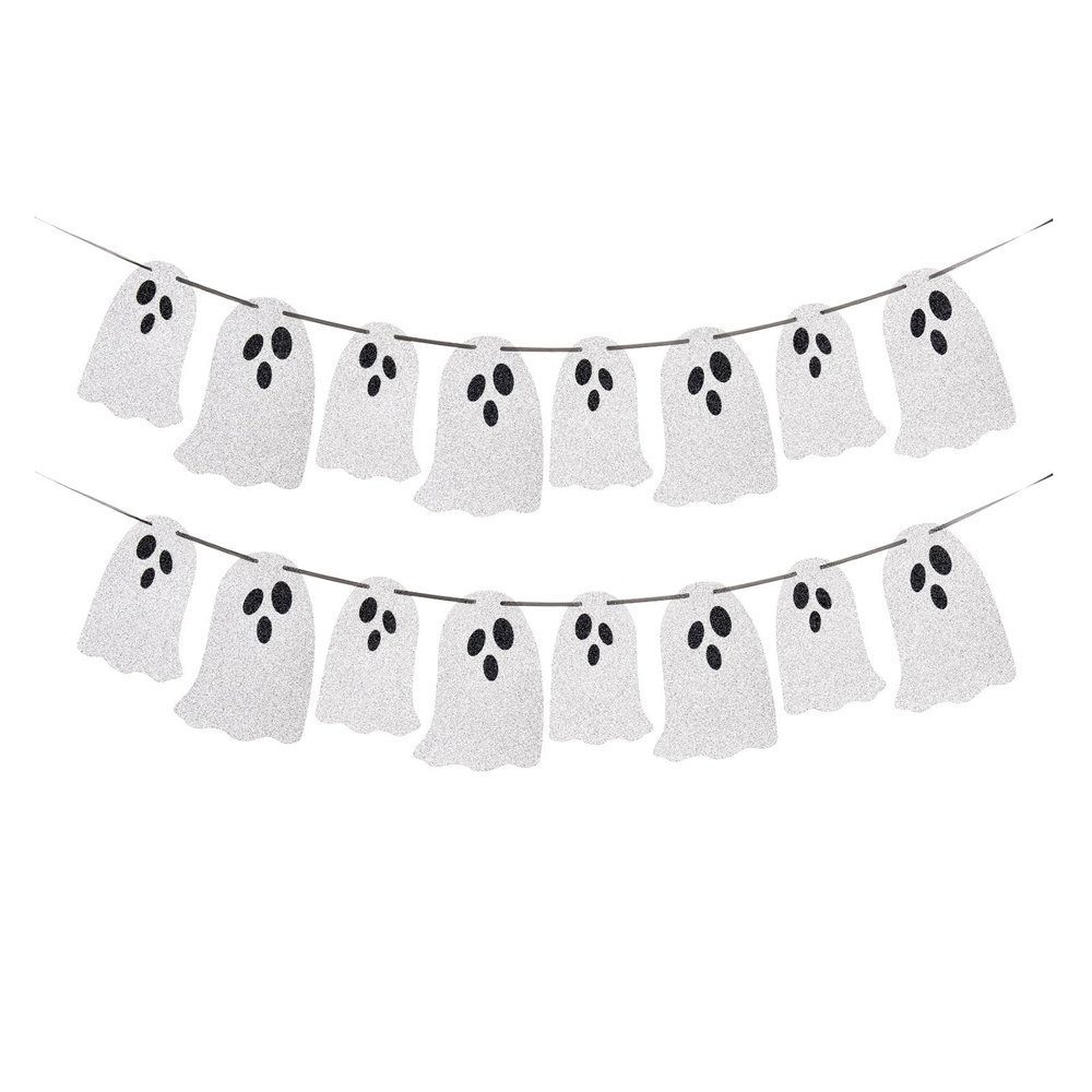(2 Packs) White Glitter Halloween Hanging Ghost Banner - Ideal for Halloween Party, Indoor & Outdoor Home Decor with Garland and Banner Styles