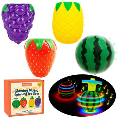 Fruit Spinning Tops for Kids, Stocking Stuffers & White Elephant Exchange Toys  4 Pack Fruit-Themed Light-Up Toys with Music for Boys & Girls Toddlers
