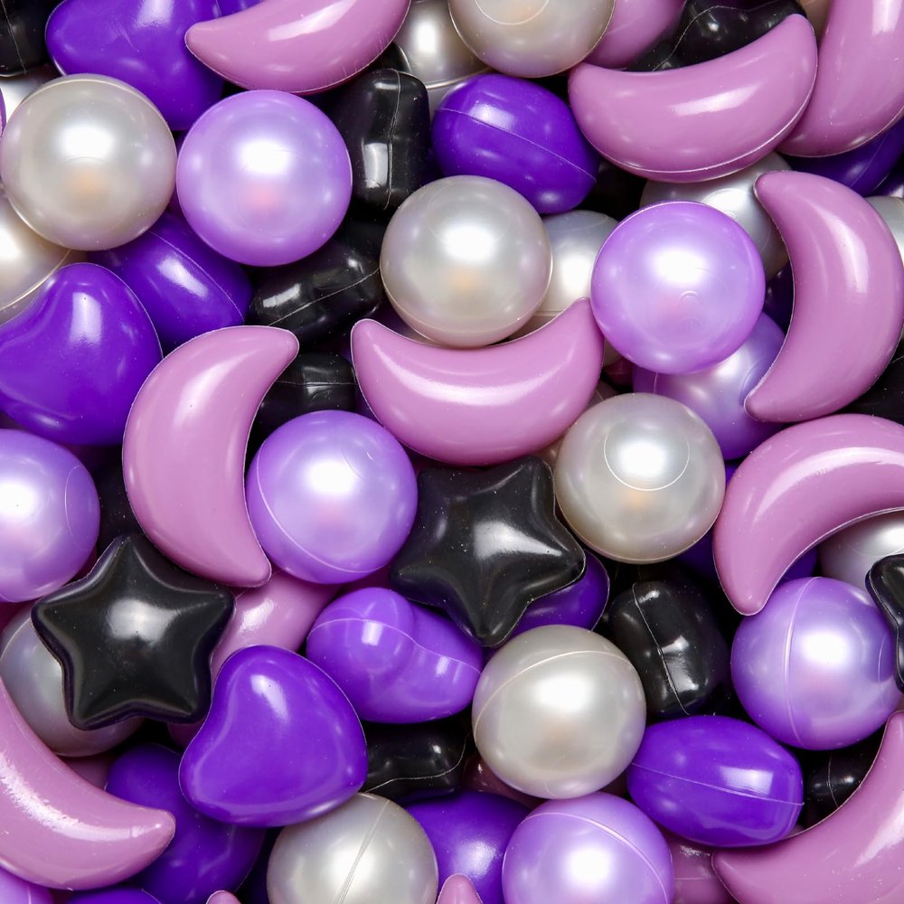 TRENDPLAY Ball Pit Balls for Toddlers, Star Heart Moon Shape 200 Pieces, Plastic Toy Balls for Boys Girls Kids Dogs, Purple+ Black