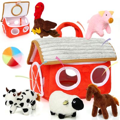 FVUUKOSIIT Baby Toys 6-12 Months - Montessori Sensory Farm Set - Soft Stuffed Animals with Rattle Squeak Safe Mirror - On-The-Go Toddler 1-3 Year Old Boy Girl Birthday Gifts (White)
