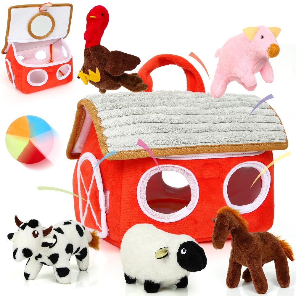FVUUKOSIIT Baby Toys 6-12 Months - Montessori Sensory Farm Set - Soft Stuffed Animals with Rattle Squeak Safe Mirror - On-The-Go Toddler 1-3 Year Old Boy Girl Birthday Gifts (White)
