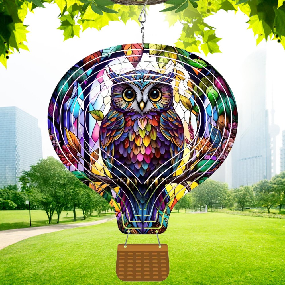 12 Inch 3D Kinetic Metal Owl Wind Spinner, Hot Air Balloon Design Hanging Sculpture, Indoor Outdoor Garden Yard Patio Decor, Holiday