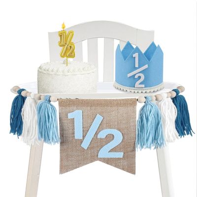 1/2 Birthday Boy, Half Birthday Decorations, High Chair Banner with Tassel Wood Bead Garland, half Way to One Baby Boy Party Supply, Blue, 72 x 8 inches