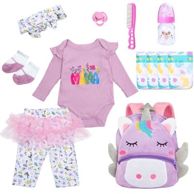 12 Pcs Reborn Baby Doll Clothes with Backpack for 20-22 Inch Baby Dolls,Reborn Baby Doll Accessories Purple Unicorn Set Bag +Bottle+Diapers+Clothes