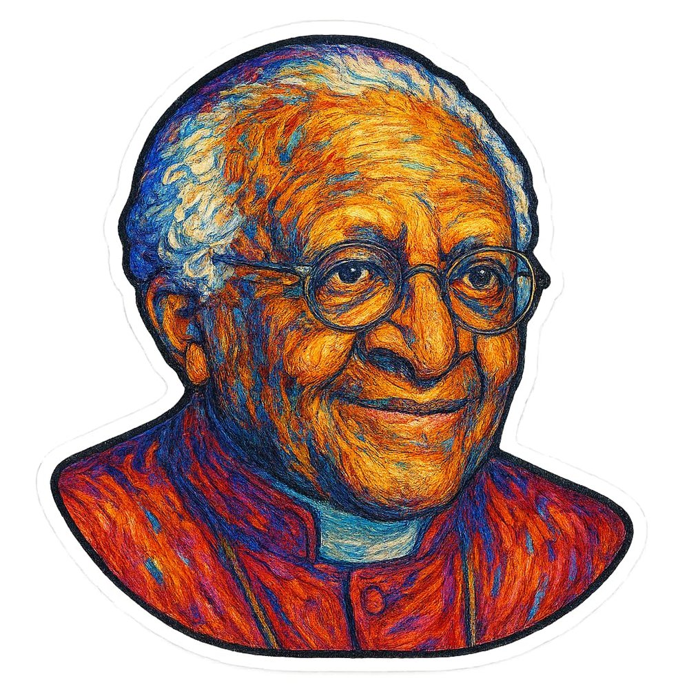 Desmond Tutu in Post Impression Style Sticker (3" x 3.25")