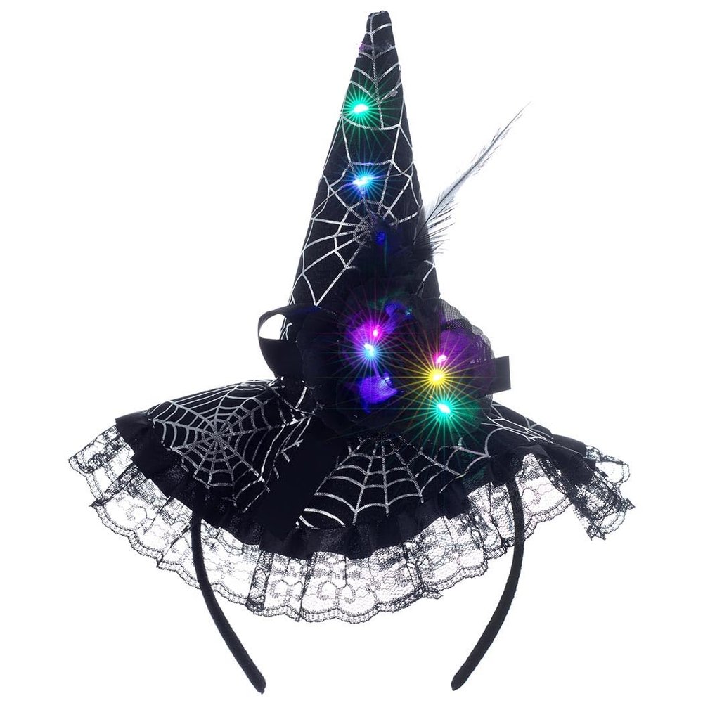 Aiosy Light Up Witch Hat Headband Led Cobweb Headpiece Flower Hat Headbands Halloween Party Costume Dress Up Accessories (Black)