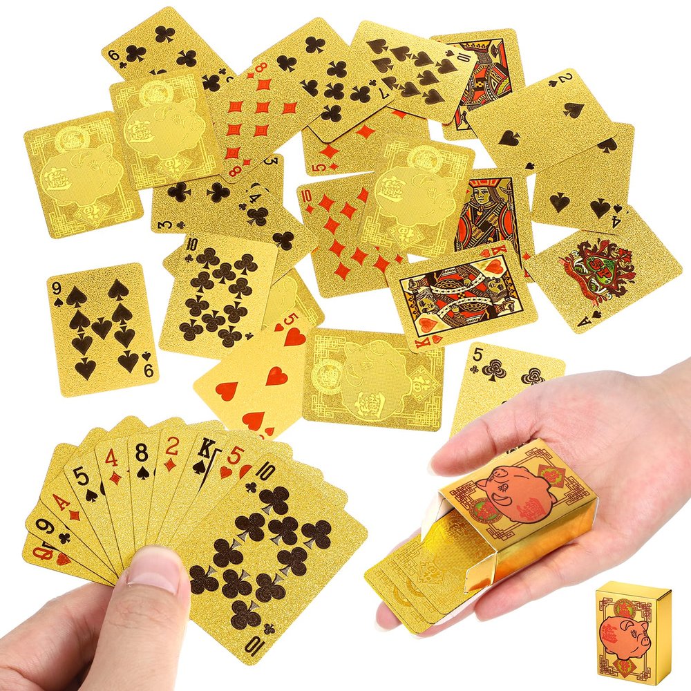 2 Decks Mini Playing Cards, Mini Poker Deck Gold Waterproof Playing Cards for Parties and Games, Tiny Deck of Novelty Party Gift, Party Favor for Christmas, Halloween, New Year, Par(Golden Pig Style)