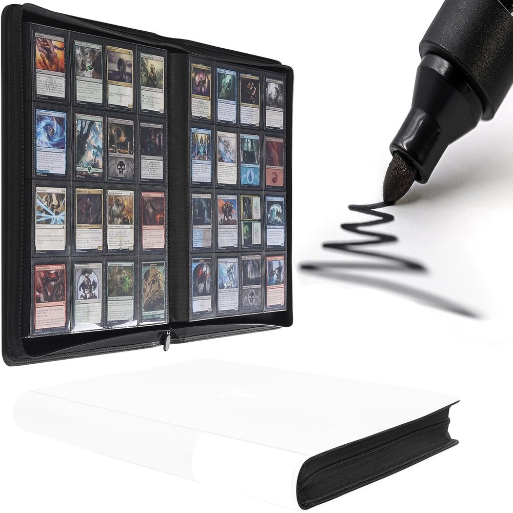 Premium Trading Card Binder,16 Pocket, Holds Up to 1600 Cards with Ringless 50 Double-Sided Sleeves, Label Design with a Pen, Side Loading Card Collection Album Folder with Zipper for TCG,Sports Cards