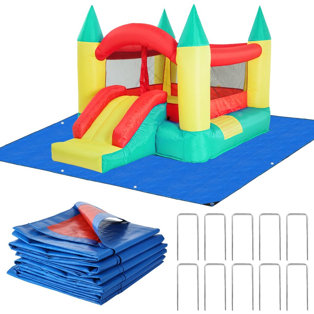 Bounce House Mat, 197x118 Inch Heavy-Duty Waterproof PE Pad for 15ft Inflatable Bouncers Jumping Castles Protective Underlay Pad with Metal Ground Stakes Reinforced Edges