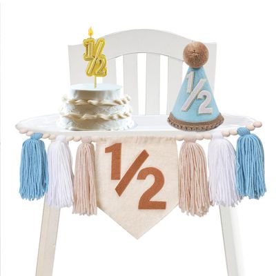 1/2 Birthday Boy, Half Birthday Decorations, Half Way to One Baby Boy High Chair Banner, 6 Months Decorations Party Supplies with Hat and Candle ( Blue)