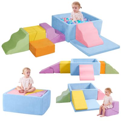MOOZHEALTH Foam Climbing Blocks for Toddlers, 7-Piece Baby Soft Play Set with Ball Pit, Indoor Climbing Toys for Kids, Modular Foam Play Structures, Macaron Colors (Balls Not Included)