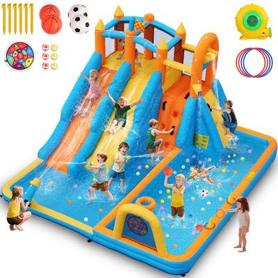 AONESY Inflatable Water Slide, 10 in 1 Blow Up Bounce House Double Water Slides for Kids Backyard Indoor Outdoor, Waterslide Bouncy House Pool Park with Blower, Water Tank, Climbing Wall, Soccer Goal
