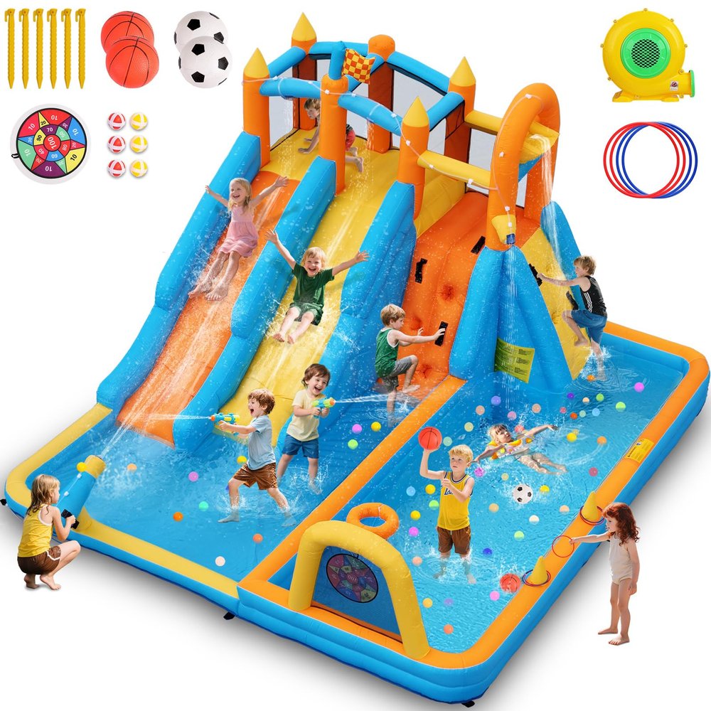 AONESY Inflatable Water Slide, 10 in 1 Blow Up Bounce House Double Water Slides for Kids Backyard Indoor Outdoor, Waterslide Bouncy House Pool Park with Blower, Water Tank, Climbing Wall, Soccer Goal