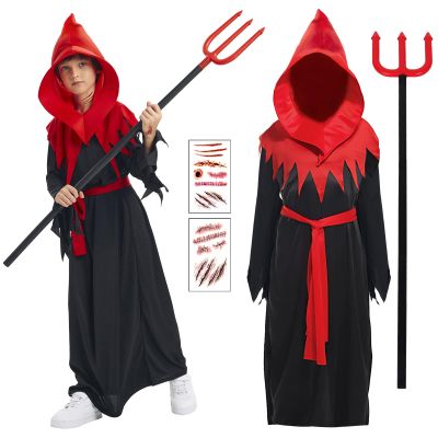 EJWCIG Kids Devil Costume Red Cape Devil Staff Halloween Costume for Girls Boys (L)