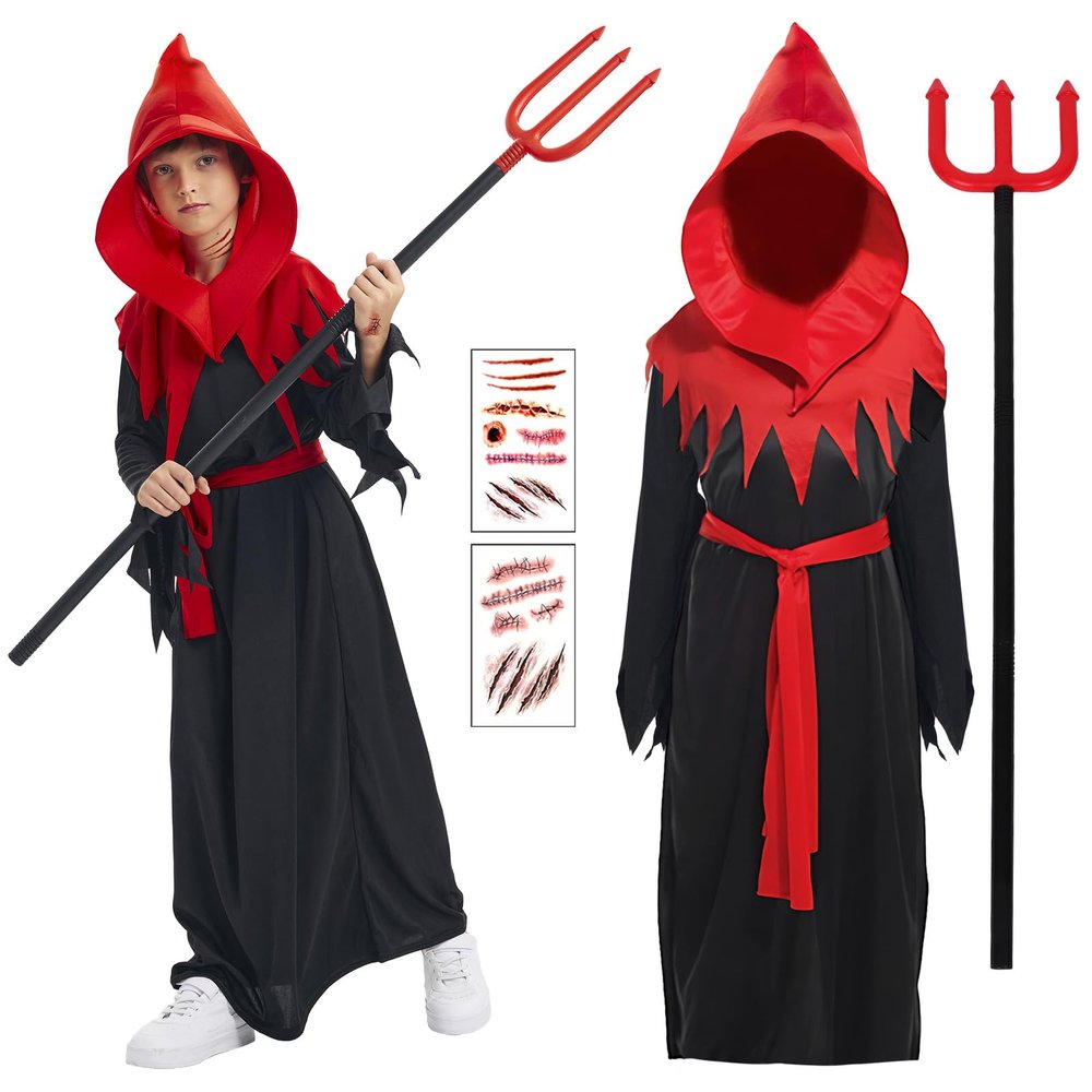 EJWCIG Kids Devil Costume Red Cape Devil Staff Halloween Costume for Girls Boys (L)