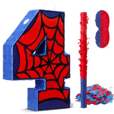 16 Inch Number 4 Spider Pinata for 4th Birthday Party Decorations Spider Party Favors, Spider Pinata with Stick Blindfold Confetti for 4th Birthday Party Supplies, Fiesta, Anniversary Celebration