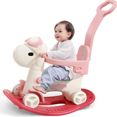 4 in 1 Rocking Horse for Toddlers 1-3 Years Old, Baby Rocking Toy Fun Birthday Gift for 1+ Kids, Ride on Toy with Guard Rails, Detachable Balance Board and Footrest with Push Handle (Pink)