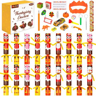 18 Pack Thanksgiving Crackers, Six Different Traditional Turkey Designs Thanksgiving Party Favors with Hat Dice and Adults, No Snap Holiday Crackers Poppers for Thanksgiving Table Decorations