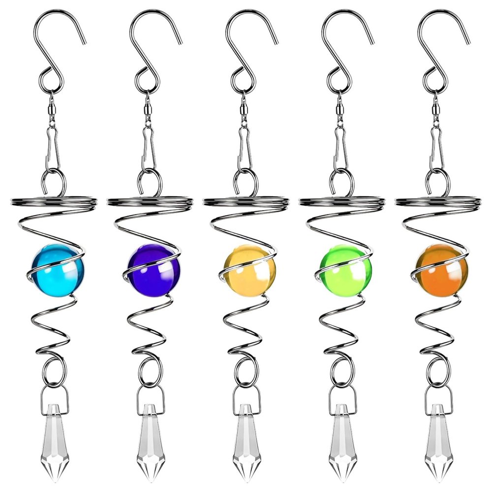 5-Pack Crystal Wind Spinners With Glass Beads, Double Helix Metal Chime, Prism Garden Hanging Mobile Ornament