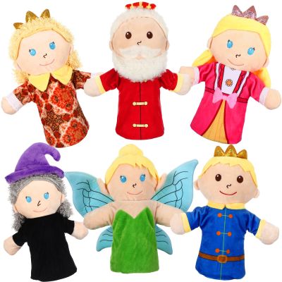 Soulchen 6 Pcs Fairy Tale Hand Puppets Christmas Party Favors 11.4" Soft Plush Puppets Set Role Play Toys Including Princesses, Princes, Queen, King, Fairy and Witch for Home Theater Shows Supplies