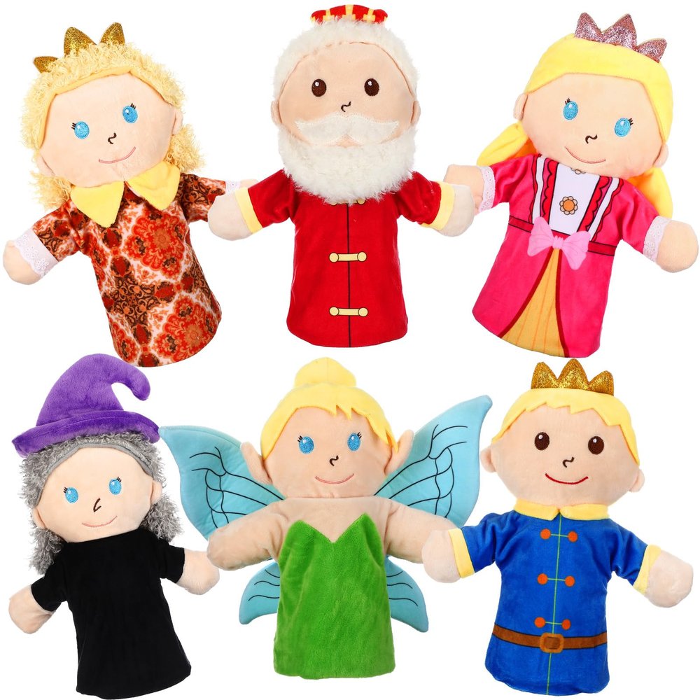Soulchen 6 Pcs Fairy Tale Hand Puppets Christmas Party Favors 11.4" Soft Plush Puppets Set Role Play Toys Including Princesses, Princes, Queen, King, Fairy and Witch for Home Theater Shows Supplies