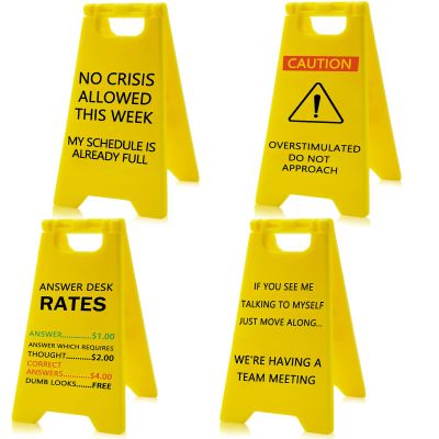 4Pcs Funny Office Desk Decor Caution Overstimulated Desk Warning Sign Accessories Cubicle Decorations Work Gag Gifts for Birthday Christmas White Elephant Women Men Coworker Employee Boss Manager