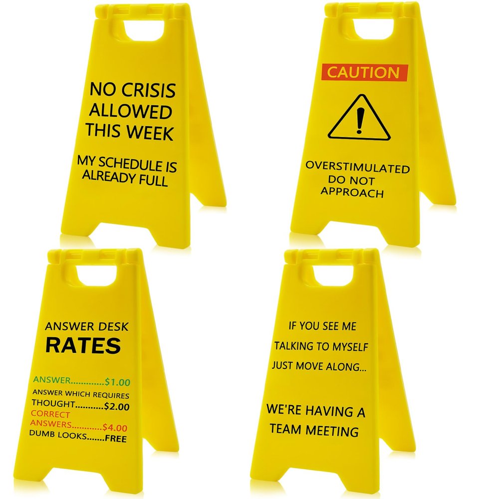4Pcs Funny Office Desk Decor Caution Overstimulated Desk Warning Sign Accessories Cubicle Decorations Work Gag Gifts for Birthday Christmas White Elephant Women Men Coworker Employee Boss Manager