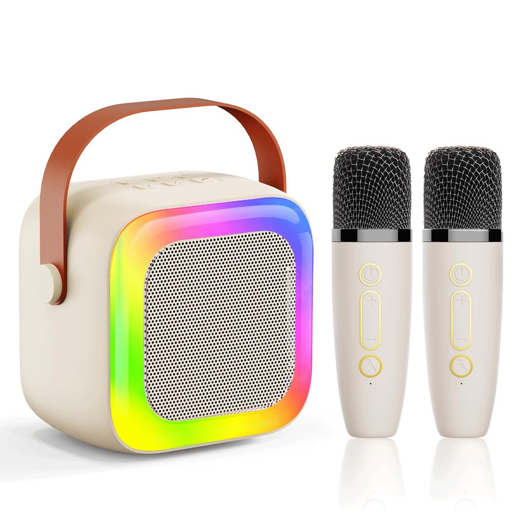 Mini Karaoke Machine for Kids Teen Adults, Kids Karaoke Machine with 2 Wireless Microphones and LED Lights Toys for Party, Home, Gifts for 4 5 6 7 8 9 10 11 12+ Years Girls Boys(Beige)