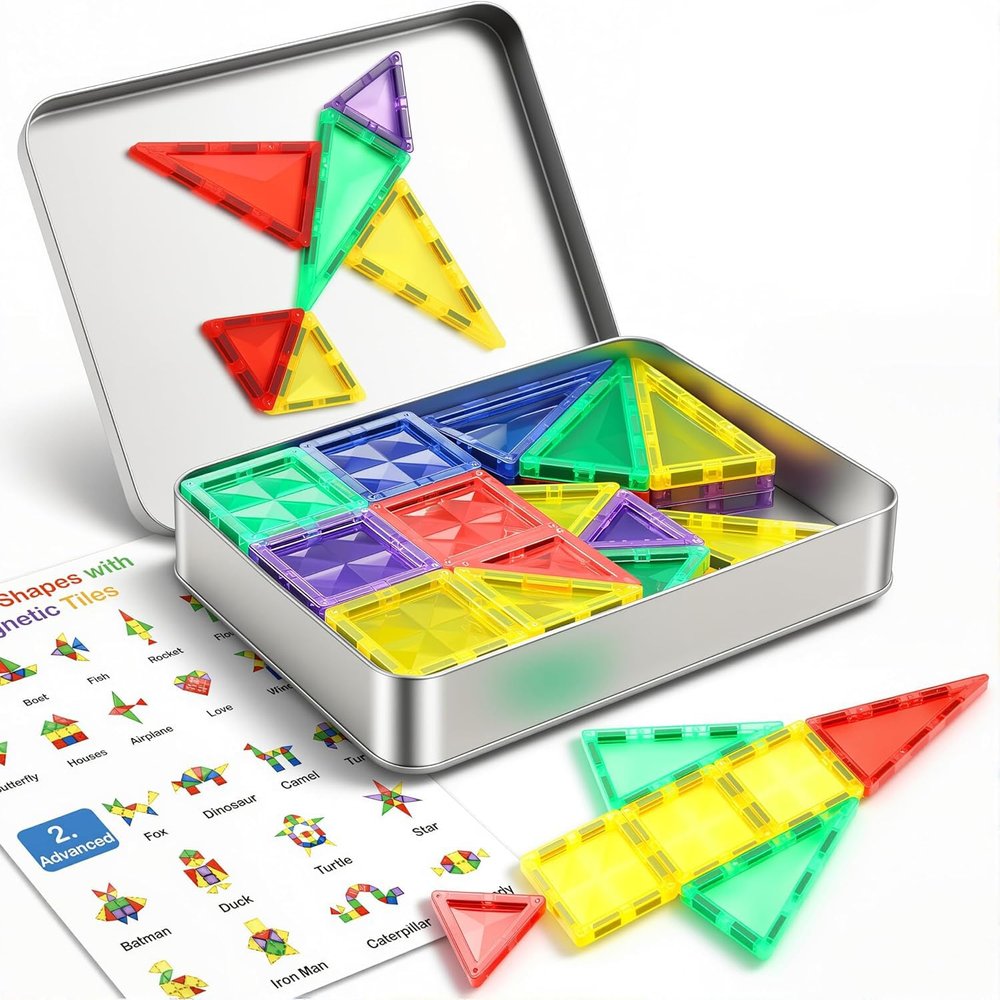 50pcs Small & Strong Magnetic Tiles Travel Set, Magnet Building Blocks with Metal Case, Montessori STEM Toy for Kids Ages 3+, Portable Magnetic Tiles for Airplane Travel, Road Trips, Creative Play