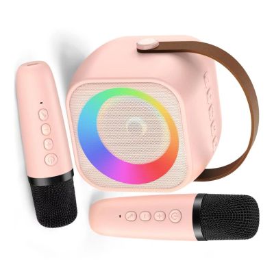 Small Bluetooth-Compatible Karaoke Loudspeaker for Kids with 2 Microphones LED Light for Travel Birthday Party Portable Karaoke Machine with Microphones