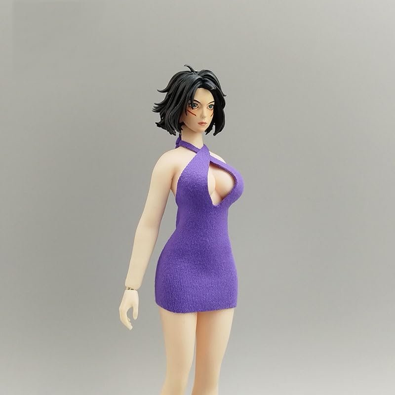 1/12 Scale Female Clothes, Strappy Bustless Short Dress for 6-inches Action Figure Body, 1/12 Female Doll Costume Tight-Fitting Skintight Strappy Hip Skirt Dress (Purple)