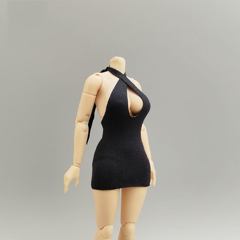 1/12 Scale Female Clothes, Strappy Bustless Short Dress for 6-inches Action Figure Body, 1/12 Female Doll Costume Tight-Fitting Skintight Strappy Hip Skirt Dress (Black)