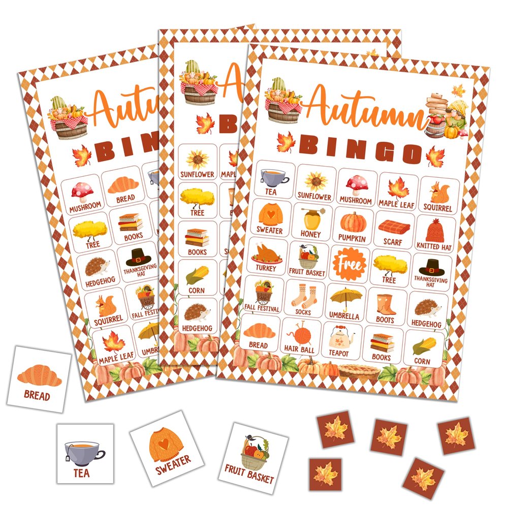 QUDNCR Fall Bingo Game, Autumn Thanksgiving Party Bingo Cards for Adults, Fall Harvest Party Decorations Supplies, Autumn Themed Birthday Favors for 24 Players, 09