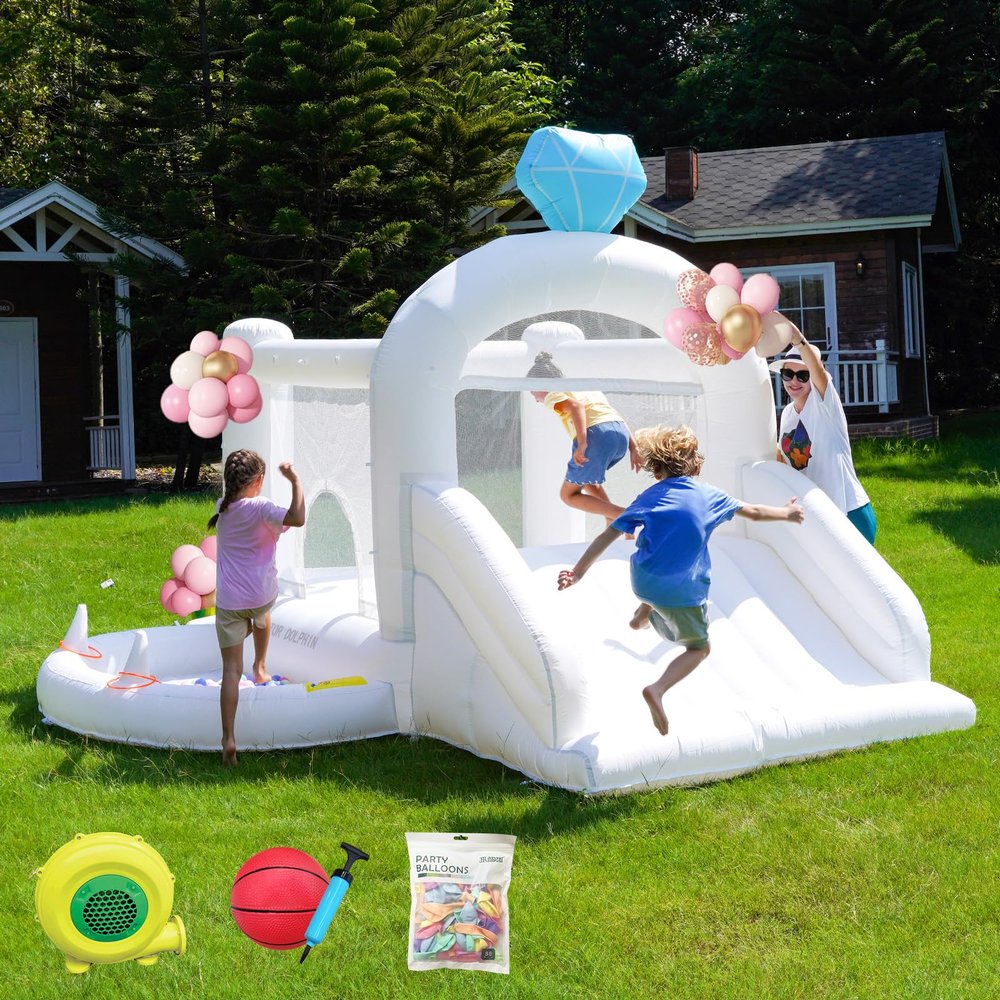 Doctor Dolphin Inflatable Bounce House, White Bouncy House for Kids 3-6, Inflatable Jumping Bounce House with Ball Pits, Bouncy Castle with Blower for Weddding
