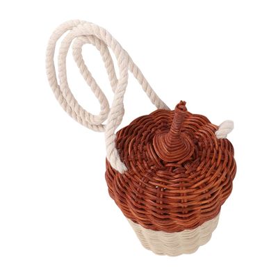 AKOOSY Mini Rattan Basket Shaped Handbag for Portable Cross Body Woven Storage Bag Lightweight Creative Pouch for Photography Props and Everyday Use