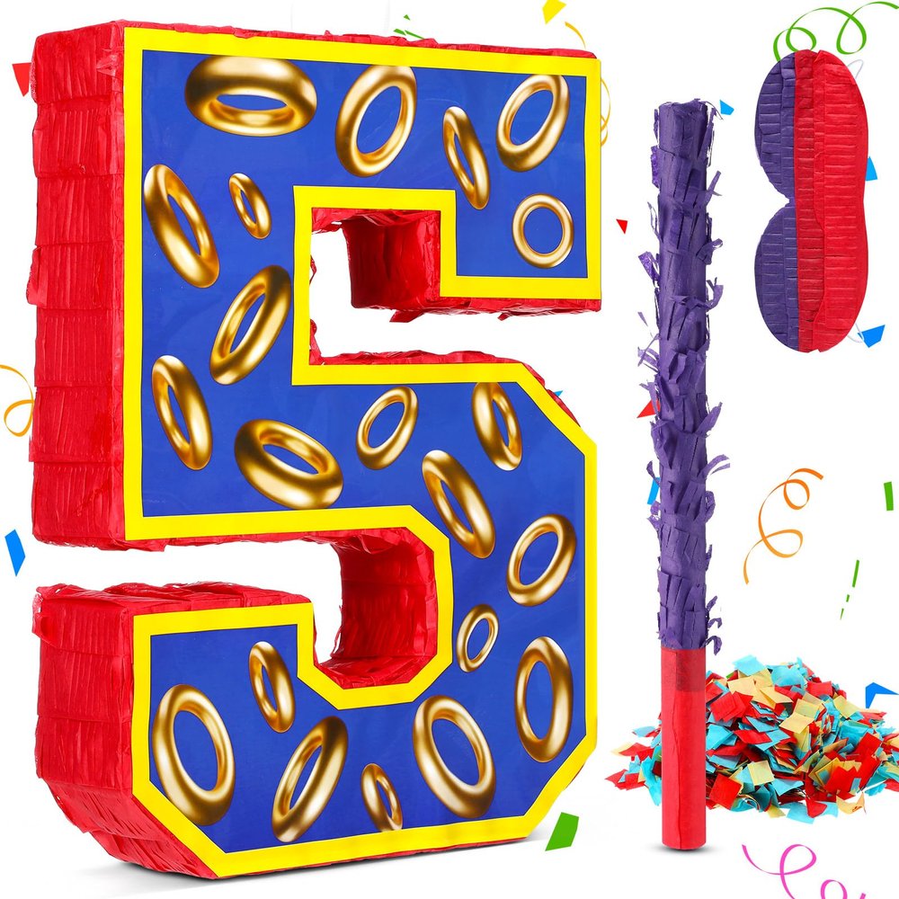 16 Inch Number 5 Blue and Golden Rings Pinata for Birthday Party Decorations, Blue Golden 5th Birthday Party Favor Supplies Fiesta Anniversary Celebration Birthday Pinata with Stick Blindfold Confetti