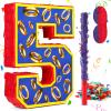16 Inch Number 5 Blue and Golden Rings Pinata for Birthday Party Decorations, Blue Golden 5th Birthday Party Favor Supplies Fiesta Anniversary Celebration Birthday Pinata with Stick Blindfold Confetti view 1
