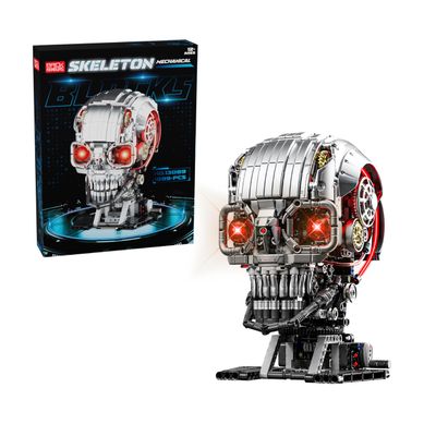 1099PCS Mechanical Skull Building Block Set3D Poseable Model with LED Light, Movable Linkage Gears, Display Stand, STEM Toys Gift for Kids & Adults Perfect for Horror Fans & Gothic Room Decor
