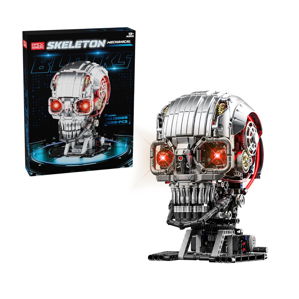 1099PCS Mechanical Skull Building Block Set3D Poseable Model with LED Light, Movable Linkage Gears, Display Stand, STEM Toys Gift for Kids & Adults Perfect for Horror Fans & Gothic Room Decor