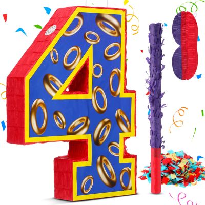 16 Inch Number 4 Blue and Golden Rings Pinata for Birthday Party Decorations, Blue Golden 4th Birthday Party Favor Supplies Fiesta Anniversary Celebration Birthday Pinata with Stick Blindfold Confetti