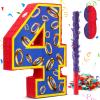 16 Inch Number 4 Blue and Golden Rings Pinata for Birthday Party Decorations, Blue Golden 4th Birthday Party Favor Supplies Fiesta Anniversary Celebration Birthday Pinata with Stick Blindfold Confetti view 1