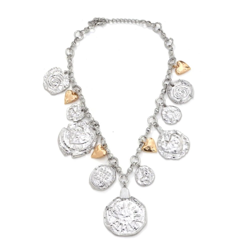 ZYIBPMSJKQCFK Heart Shaped Pendant Retro Irregular Handmade Chain Splicing Necklace,silvery,48+7cm
