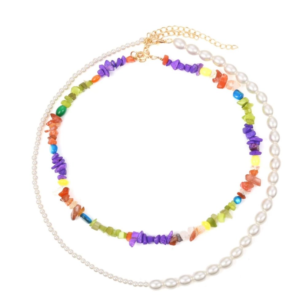 Vintage Multi-Layered Pearl Bohemian Gravel Necklace For Women,white,52+7cm/41+7cm