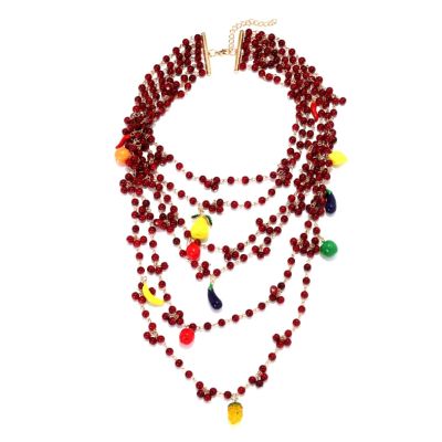 ZYIBPMSJKQCFK Vintage Layered Handmade Bead Fruit Pendant Bohemian Necklace,wine Red,44+7cm