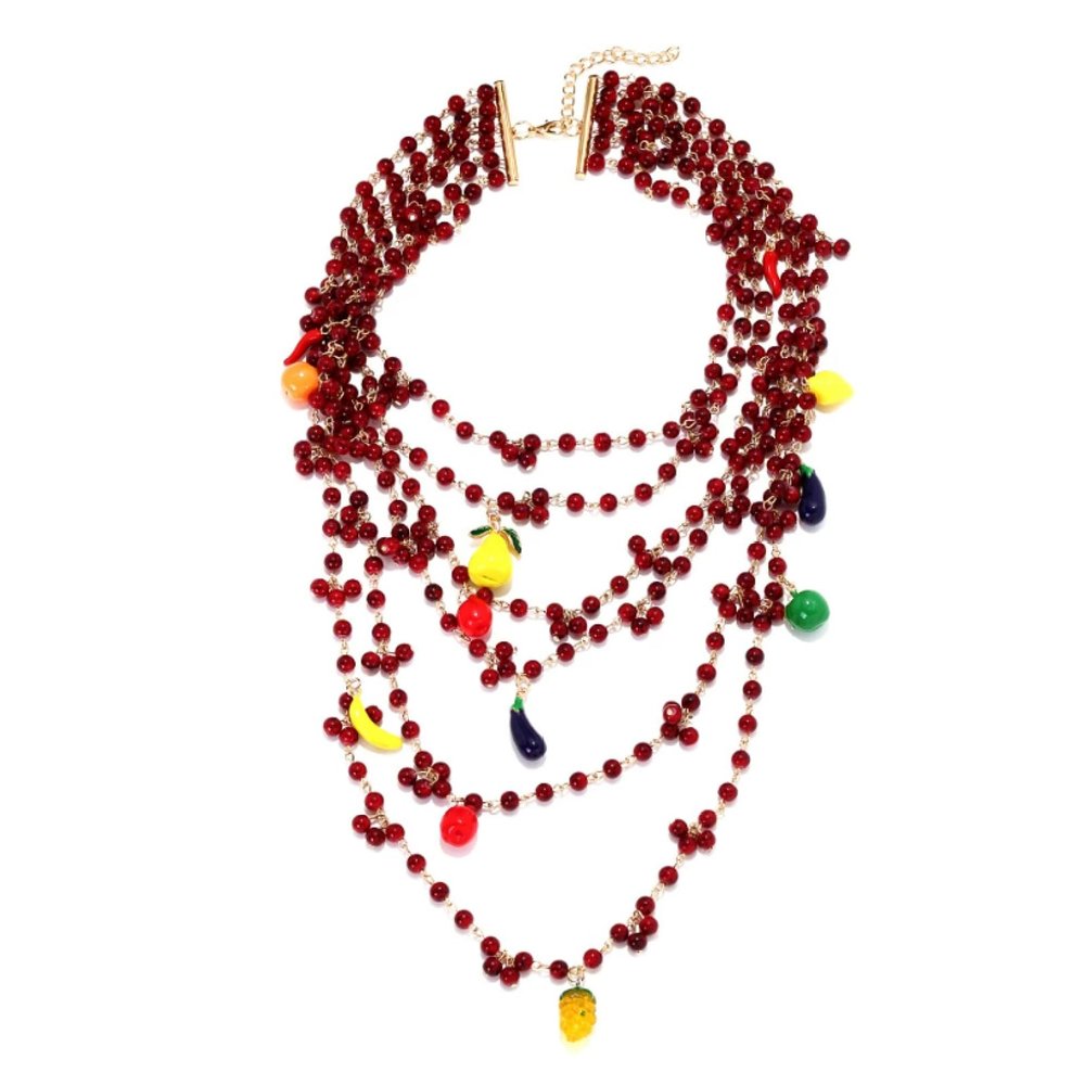 ZYIBPMSJKQCFK Vintage Layered Handmade Bead Fruit Pendant Bohemian Necklace,wine Red,44+7cm