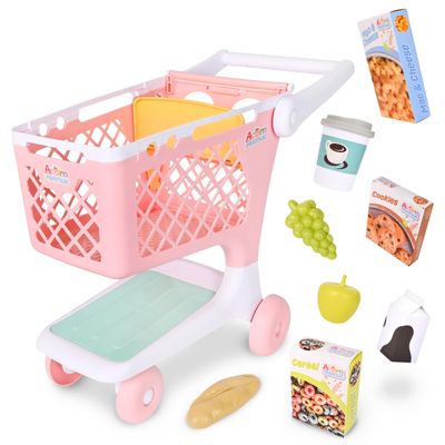 Pretend Shopping Cart, Sturdy Plastic, Includes Pretend Food, Pink Shopping Cart for Kids Age 2+