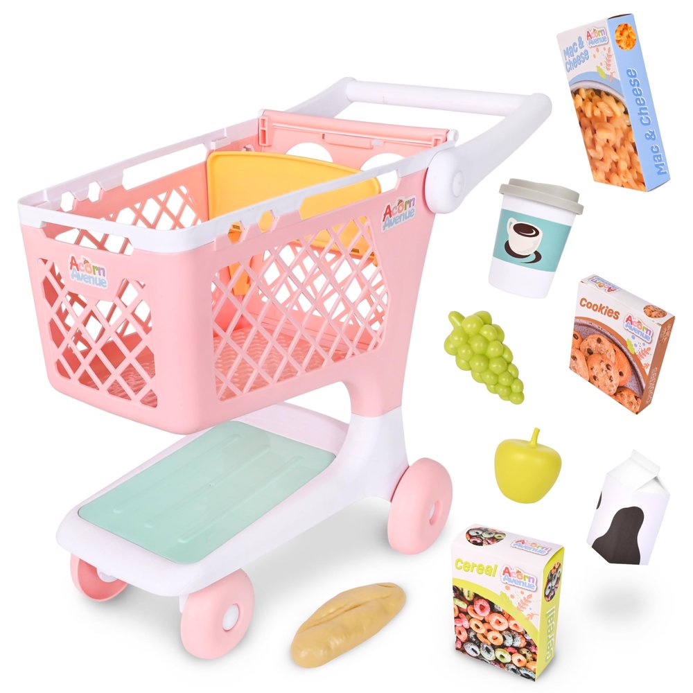Pretend Shopping Cart, Sturdy Plastic, Includes Pretend Food, Pink Shopping Cart for Kids Age 2+